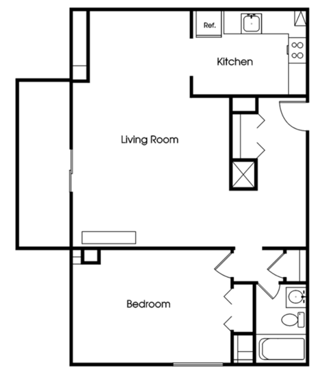Floor plan for 1 bed, 1 bath, 797 sqft